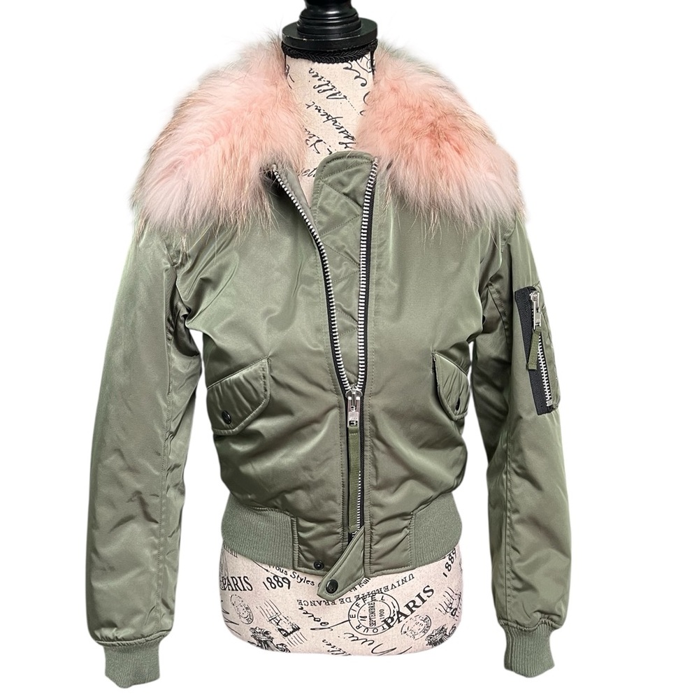 SAM Green Bomber Jacket with Pink Fur Collar